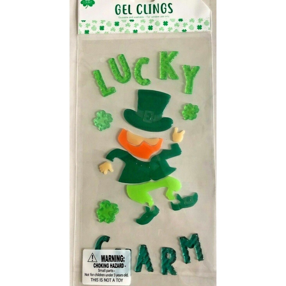 NEW‎ St Patrick's Day LUCKY CHARM Leprechaun Shamrocks Window Gel Clings 22 ct
